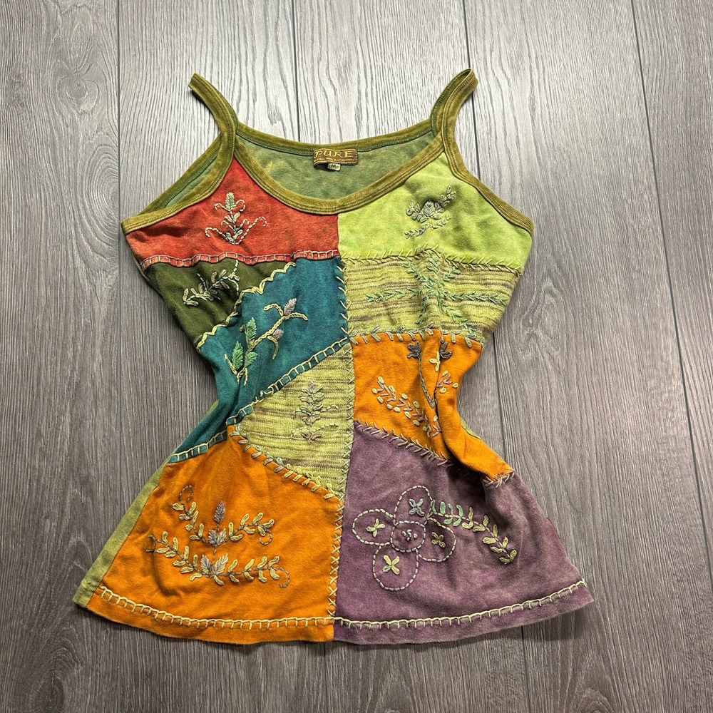Pure Natural Fibers Patchwork Embroidered Tank Medium Y2K Boho Floral Camisole